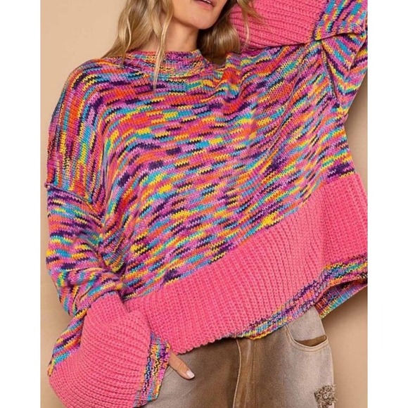 POL Sweater S Pink Rainbow Multi‎ Confetti Pattern Boxy Oversided Balloon Sleeve - Picture 1 of 11